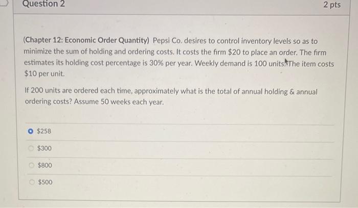 (Chapter 12: Economic Order Quantity) Pepsi Co.