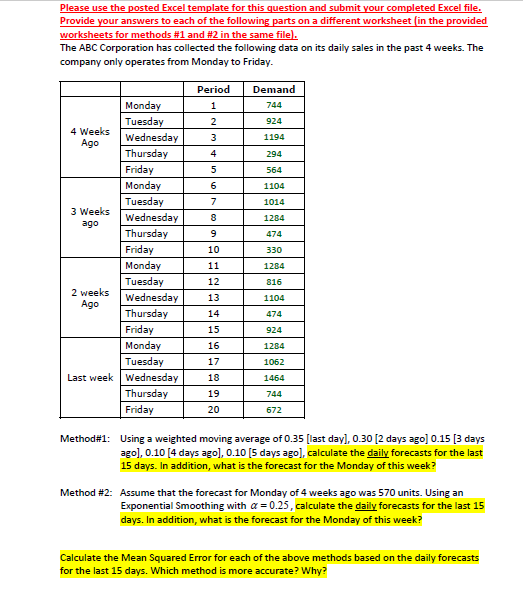 Please use the posted Excel template for this