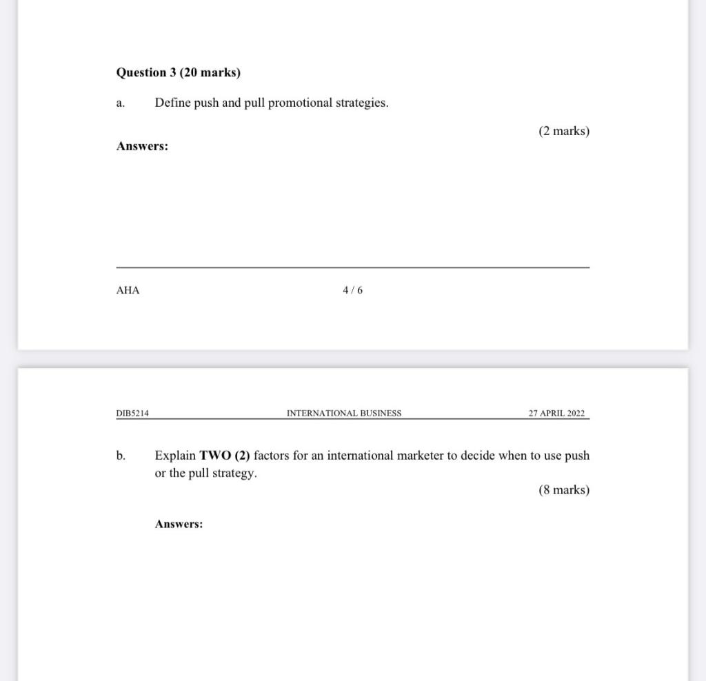 SUBJECT : INTERNATIONAL BUSINESS Question 3 (20