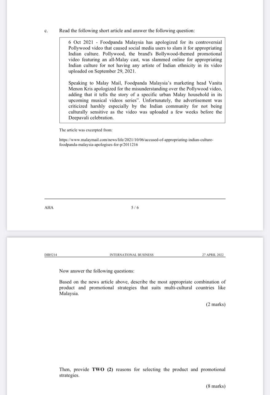 SUBJECT : INTERNATIONAL BUSINESS Question 3 (20