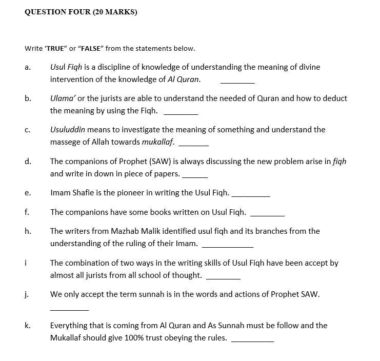 QUESTION FOUR (20 MARKS) Write 'TRUE