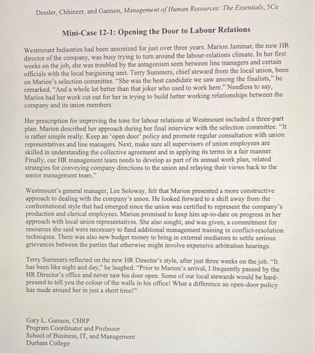 hr mini case Dessler, Chhinzer, and Gannon,