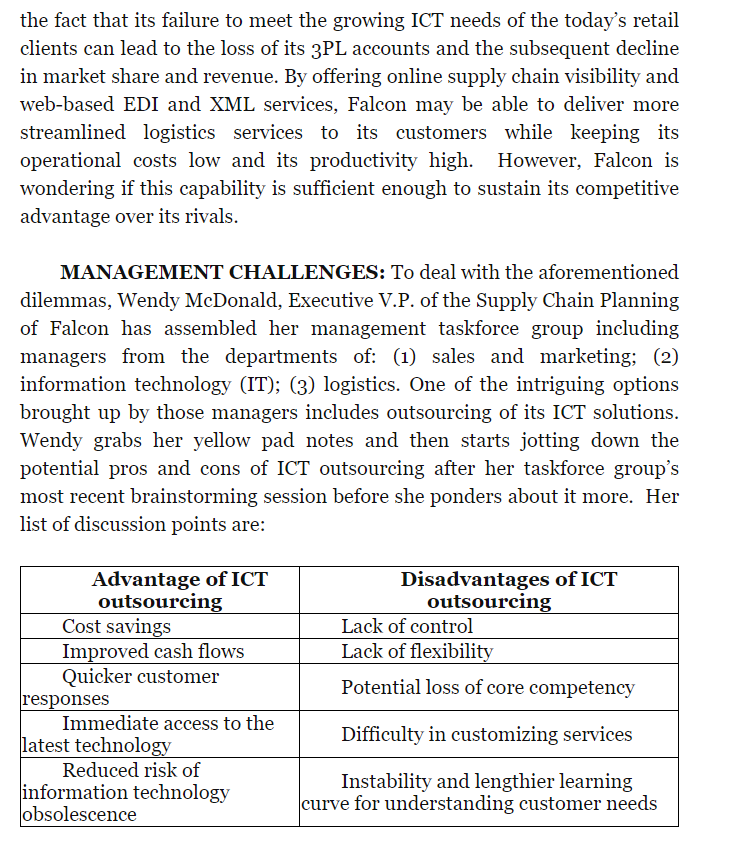 Case: Falcon Supply Chain Solutions This case is