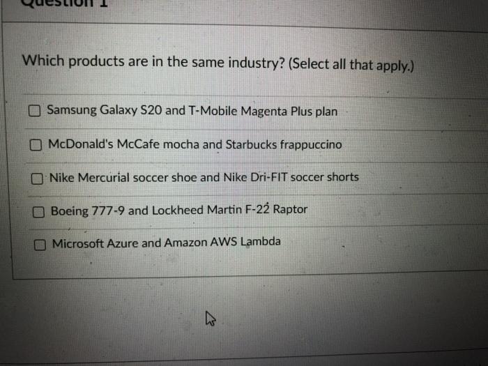 Which products are in the same industry? (Select