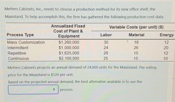 Metters Cabinets, Inc., needs to choose a