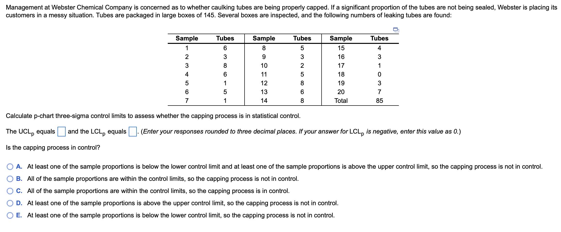 Calculate p-chart three-sigma control limits to