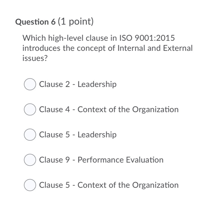 Question 6 (1 point) Which high-level clause in