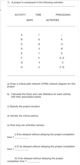 Can you juste answer e-h 1) A project is composed