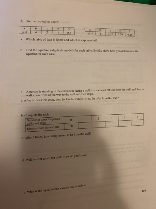 5. Use the two tables below. I fx) 0 4 1 2 2 1 x