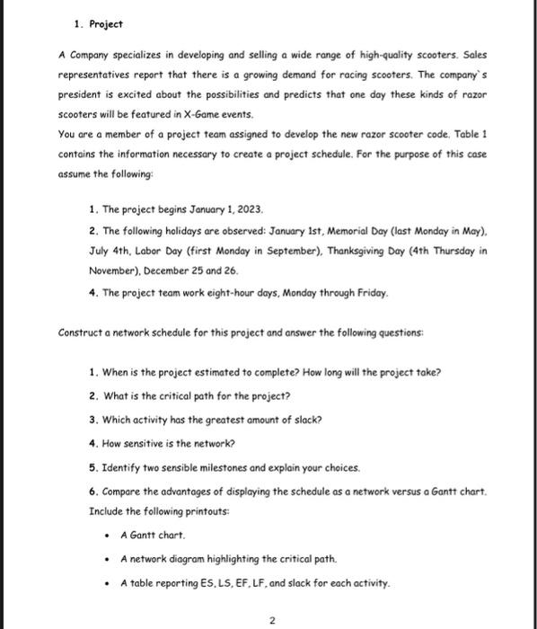 USE MS PROJECT 1. Project A Company specializes