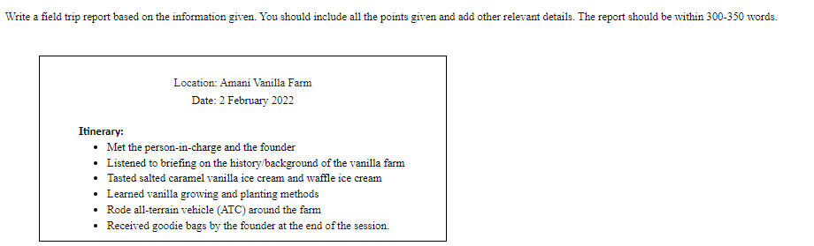 URGENT Write a field trip report based on the