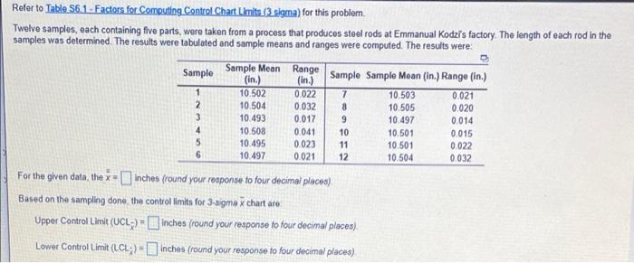 Sample Refer to Table 56.1 - Factors for
