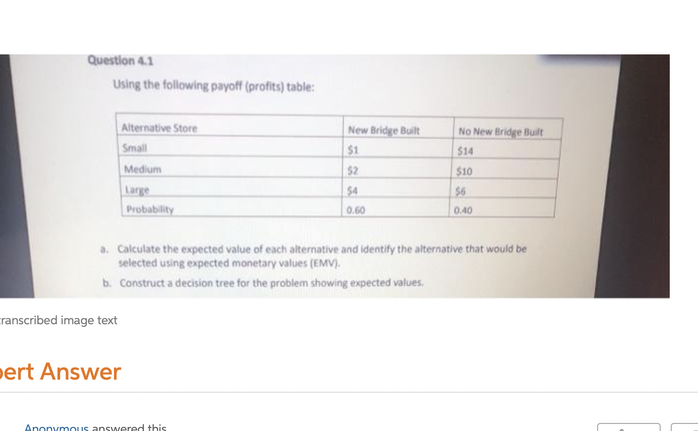 Question 4.1 Using the following payoff (profits)