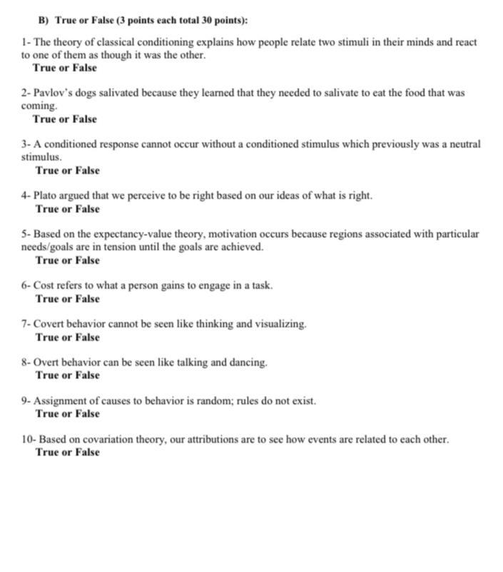 B) True or False (3 points each total 30 points):