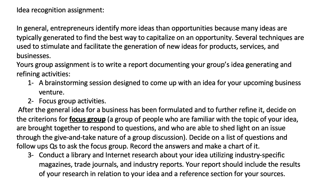 The assignment The idea Idea recognition