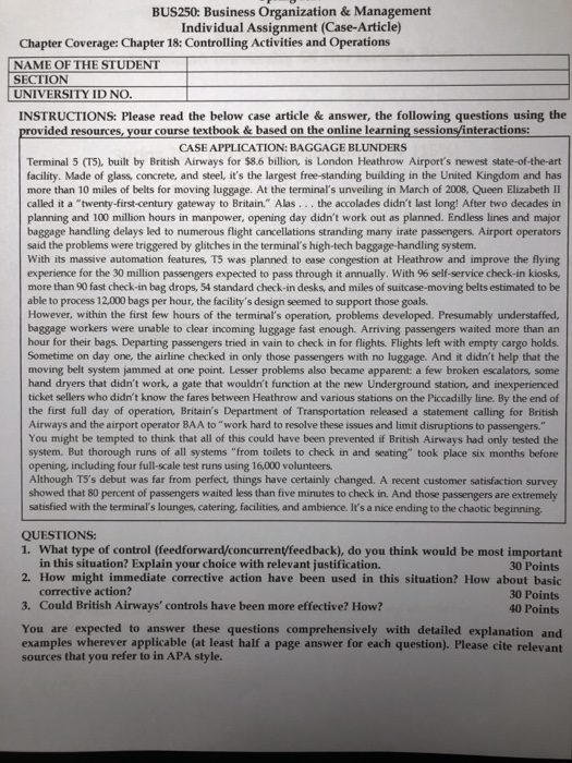 BUS250: Business Organization & Management