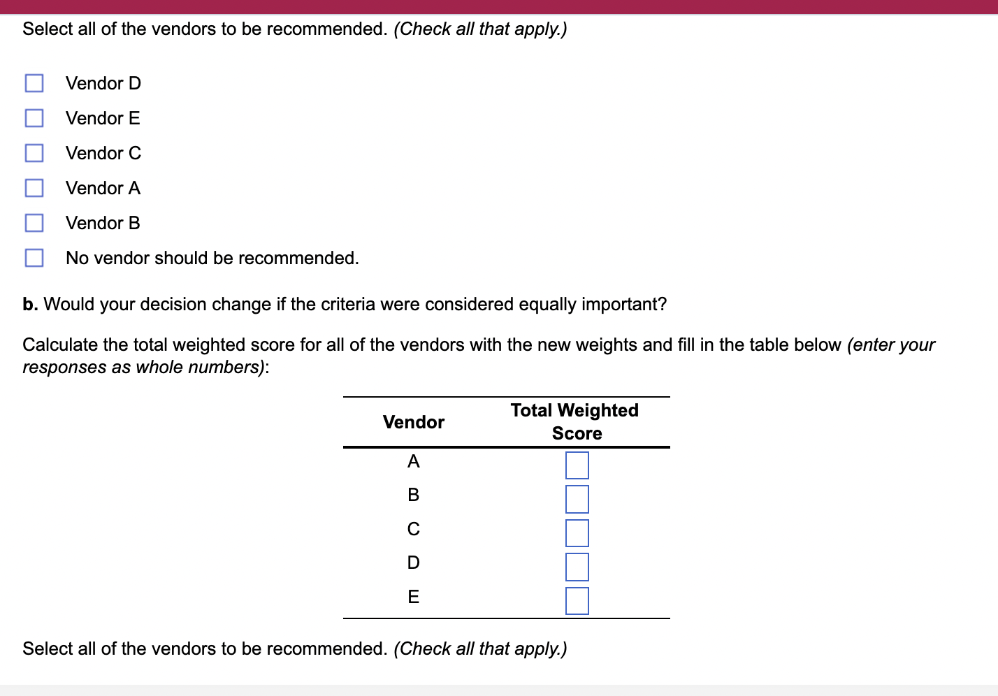 You are in charge of analyzing five new vendors