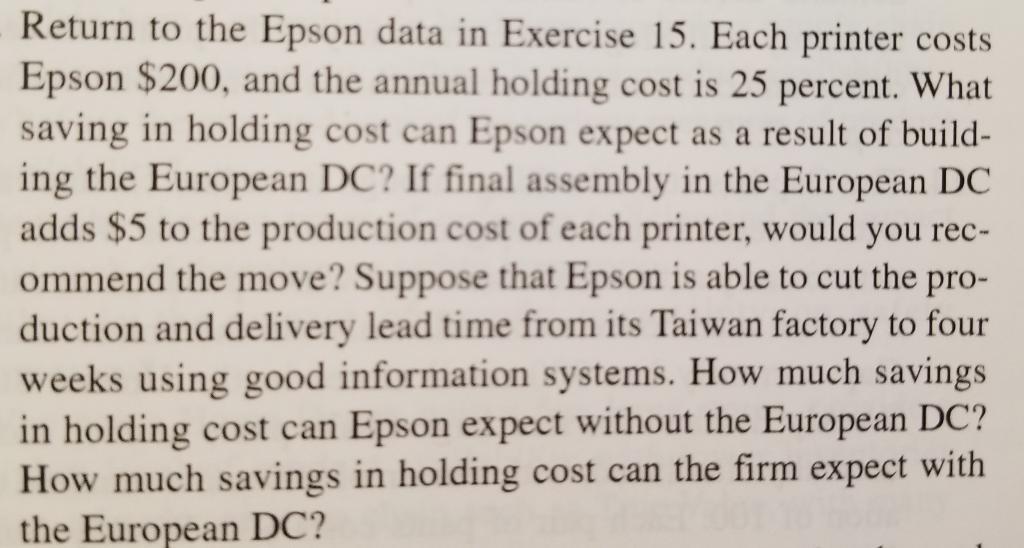 Exercise 15: Return to the Epson data in Exercise