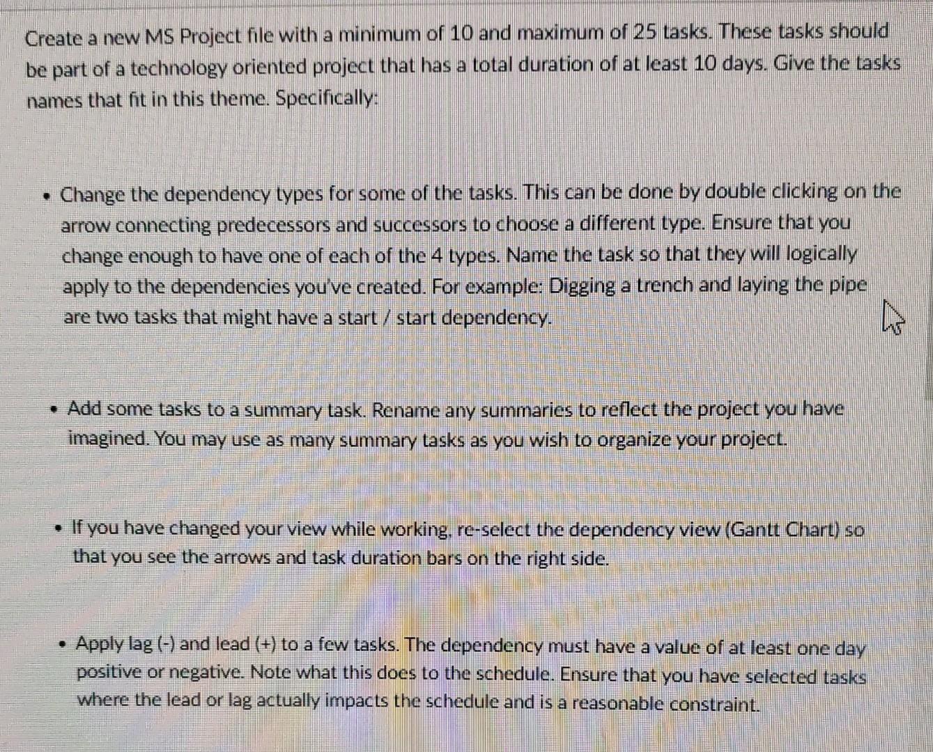 Create a new MS Project file with a minimum of 10