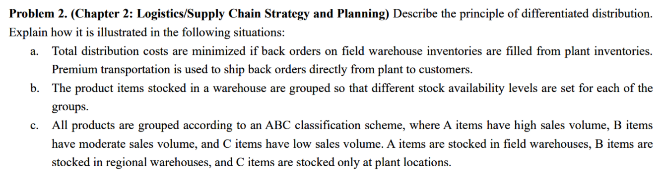 a. Problem 2. (Chapter 2: Logistics/Supply Chain