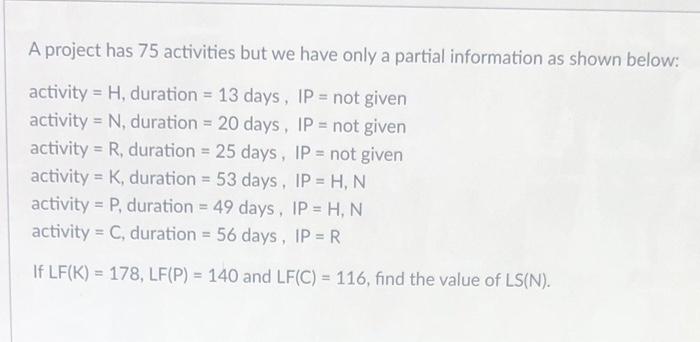 A project has 75 activities but we have only a