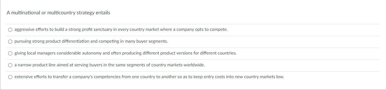 A multinational or multicountry strategy entails