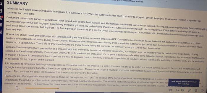 en reserves SUMMARY Interested contractors