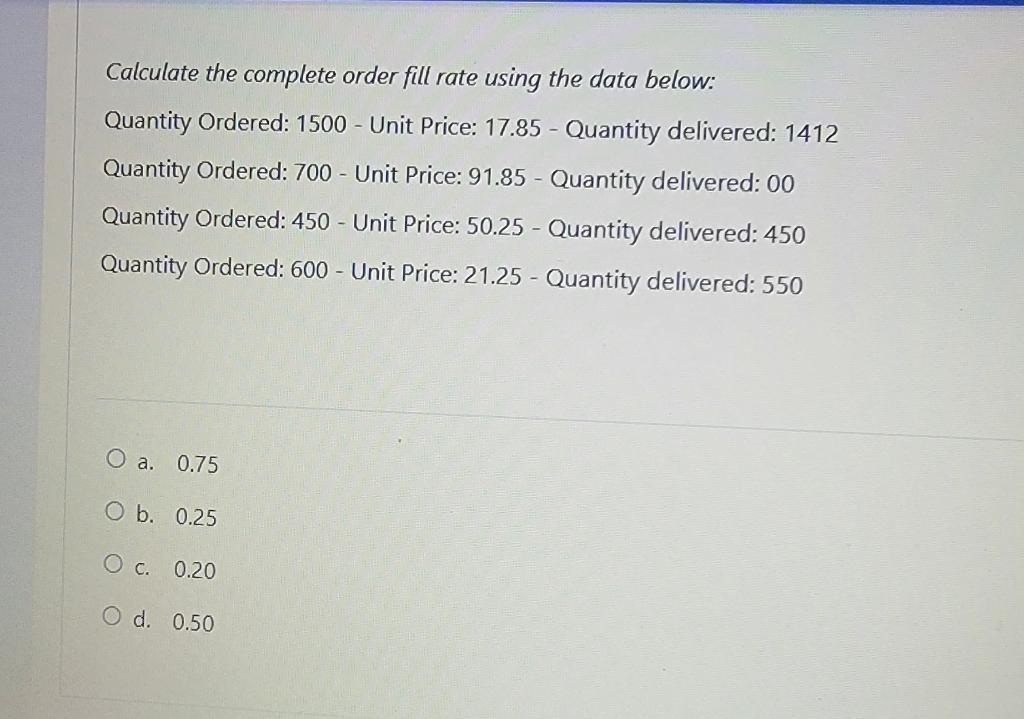 Calculate the complete order fill rate using the