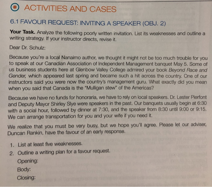 ACTIVITIES AND CASES 6.1 FAVOUR REQUEST: INVITING