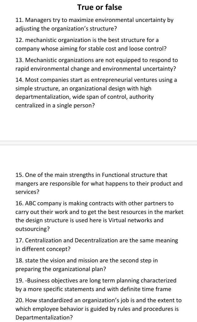 Please state whether each question is a true