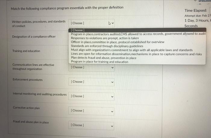 Match the following compliance program essentials
