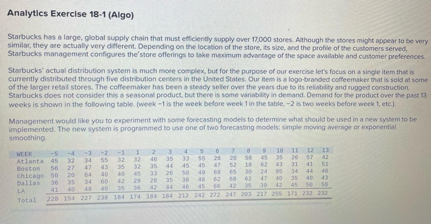 Analytics Exercise 18-1 (Algo) Starbucks has a
