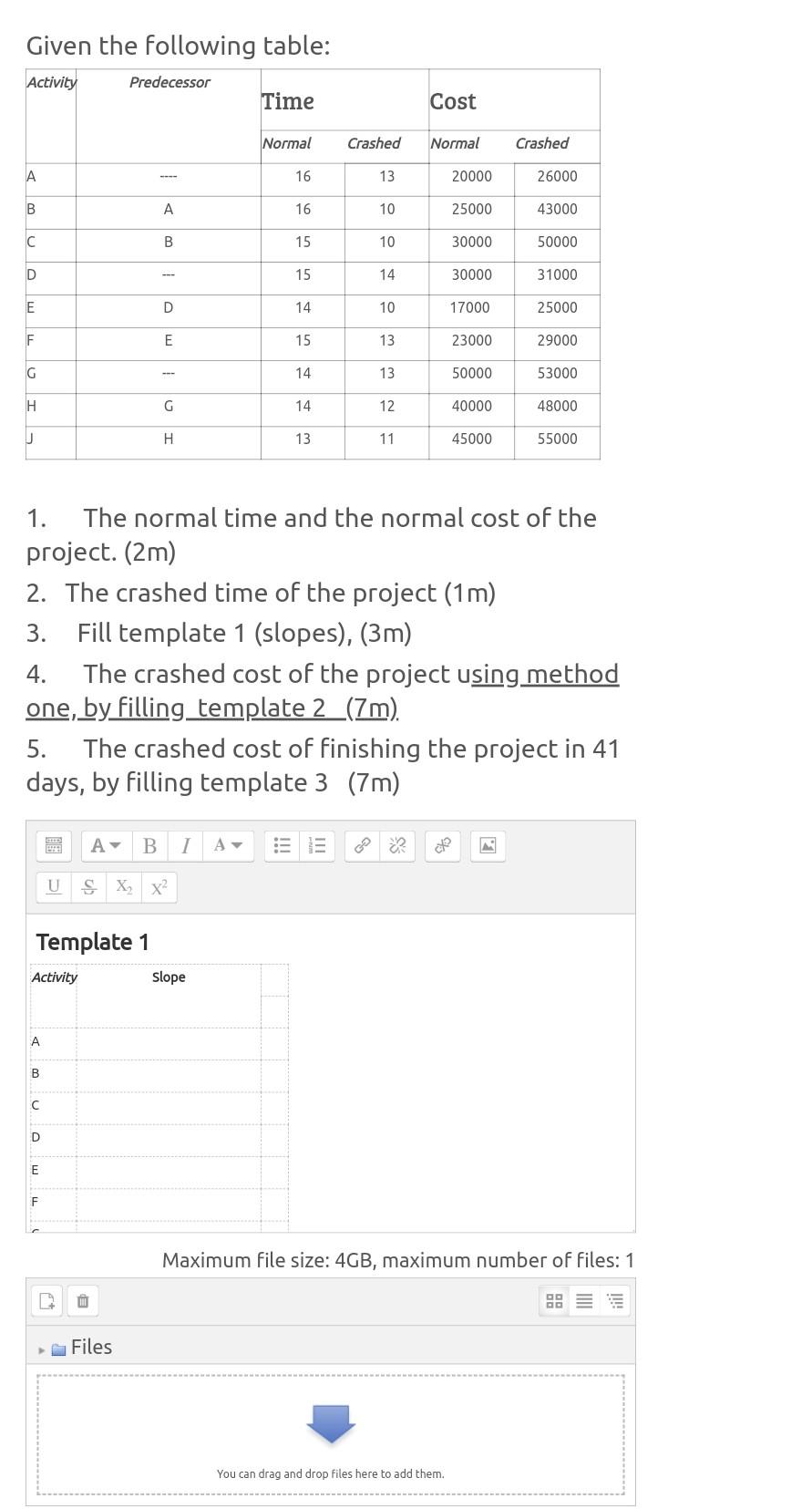Given the following table: Activity Predecessor
