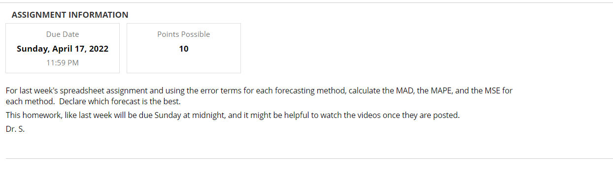 ASSIGNMENT INFORMATION Points Possible Due Date