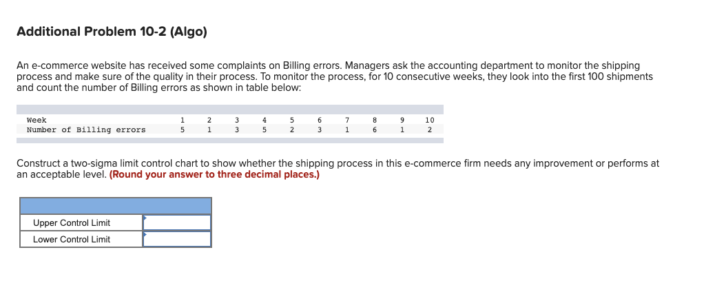 Additional Problem 10-2 (Algo) An e-commerce