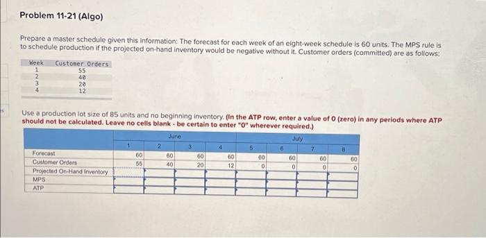 Problem 11-21 (Algo) Prepare a master schedule