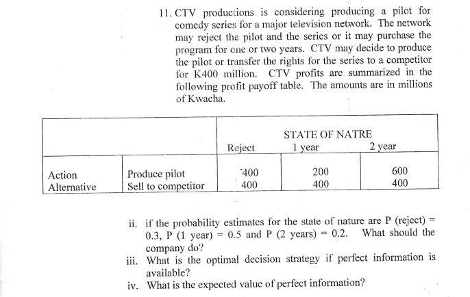 11. CTV productions is considering producing a