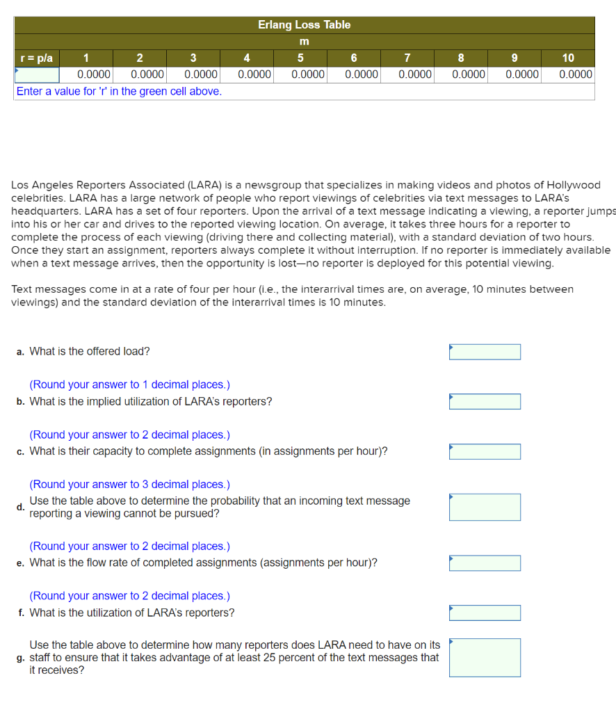 Erlang Loss Table r = pla 2 3 4 5 6 8 9 10 1