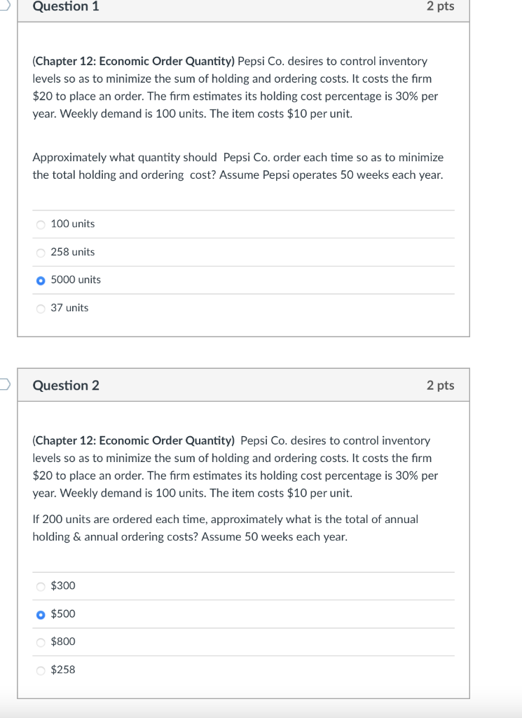 (Chapter 12: Economic Order Quantity) Pepsi Co.