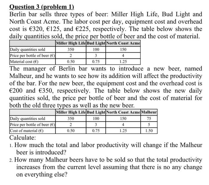 350 100 0.50 Question 3 (problem 1). Berlin bar