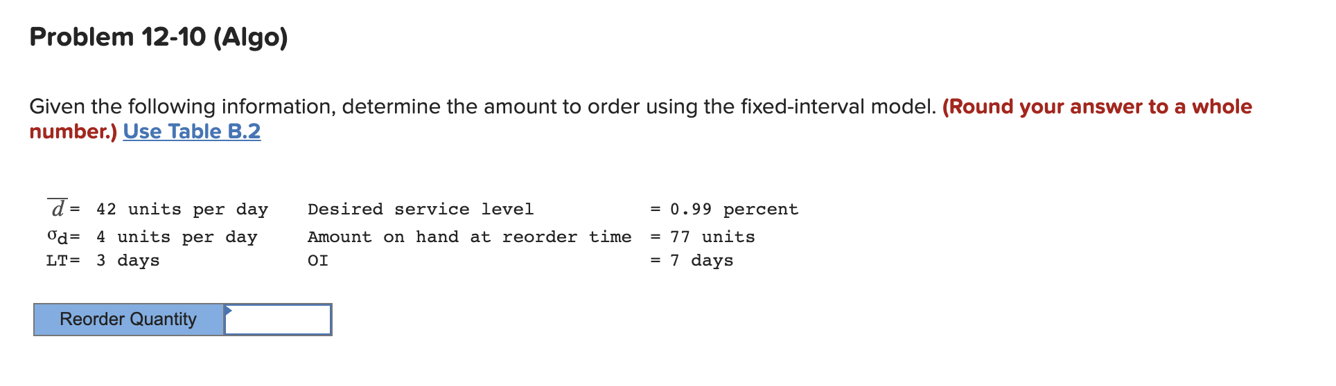 Problem 12-10 (Algo) Given the following