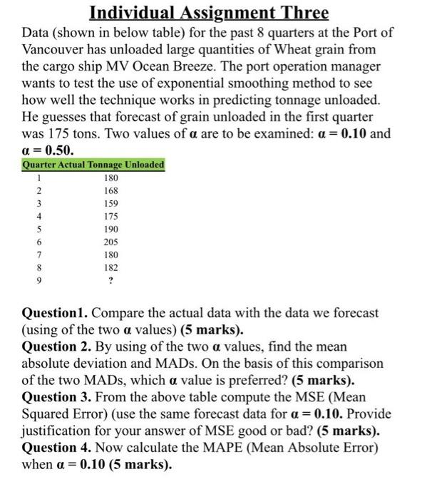 Individual Assignment Three Data (shown in below