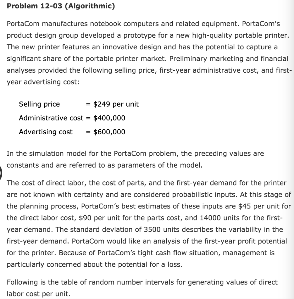 Please Answer Problem 12-03 (Algorithmic)