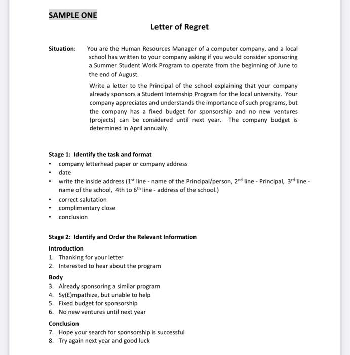 Letter of Regret Situation: You are the Human