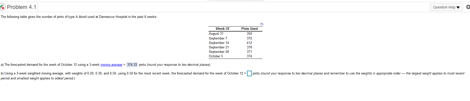 Tx Problem 4.1 Question Help o The following