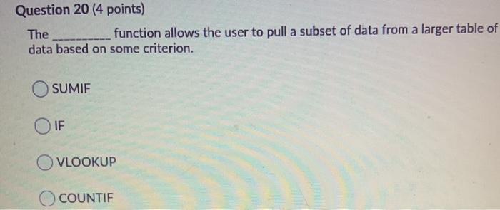 Question 20 (4 points) The function allows the