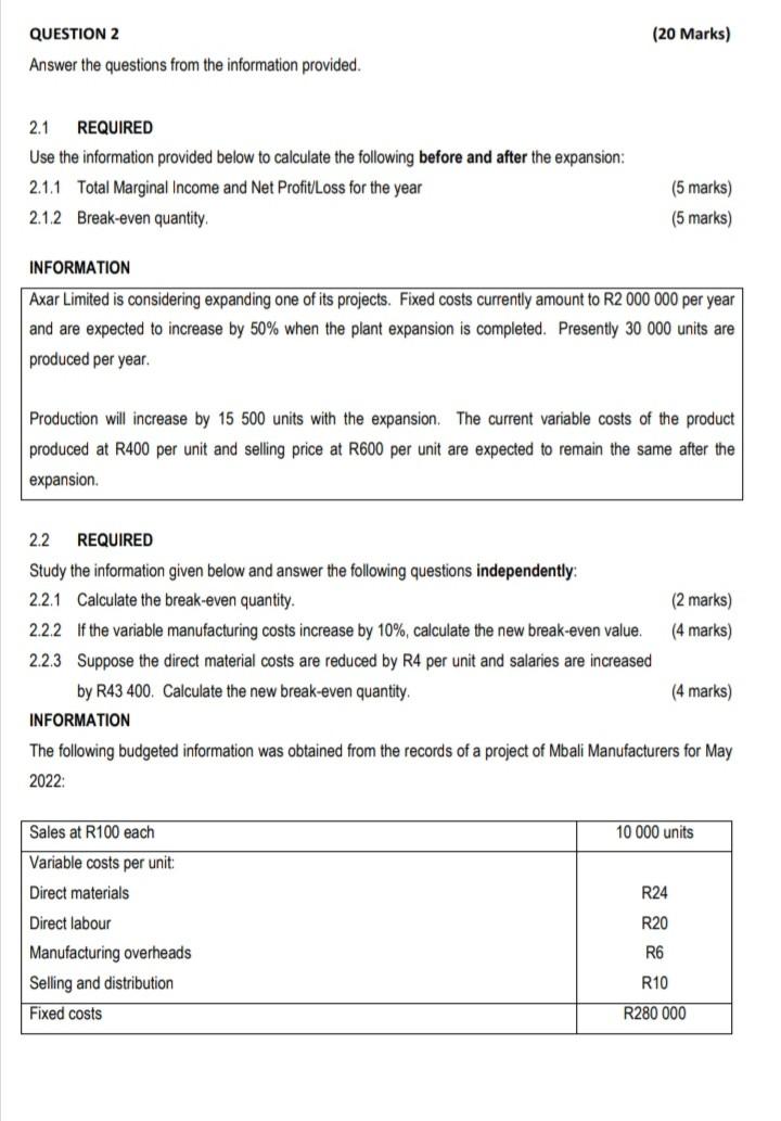 2.1 REQUIRED Use the information provided below