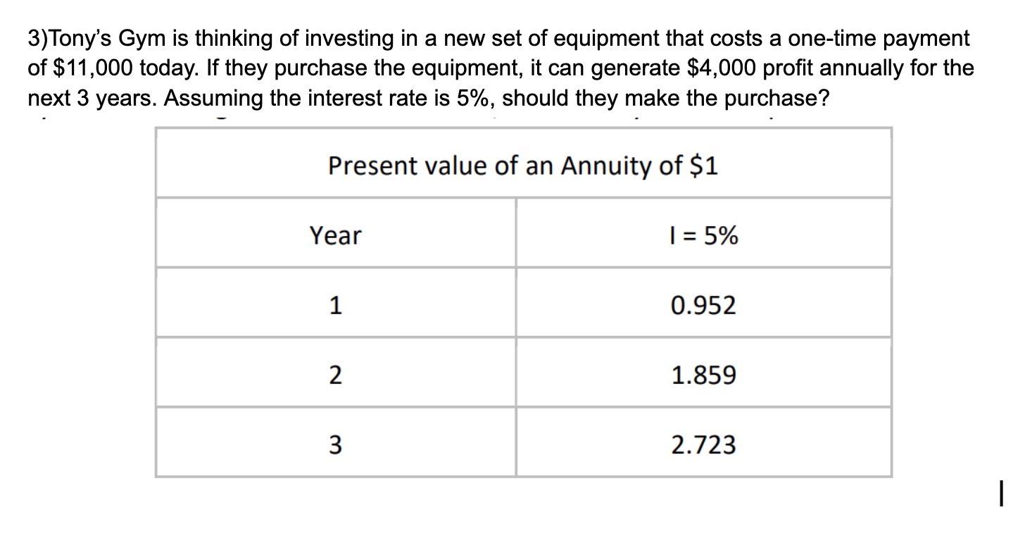 3)Tony's Gym is thinking of investing in a new