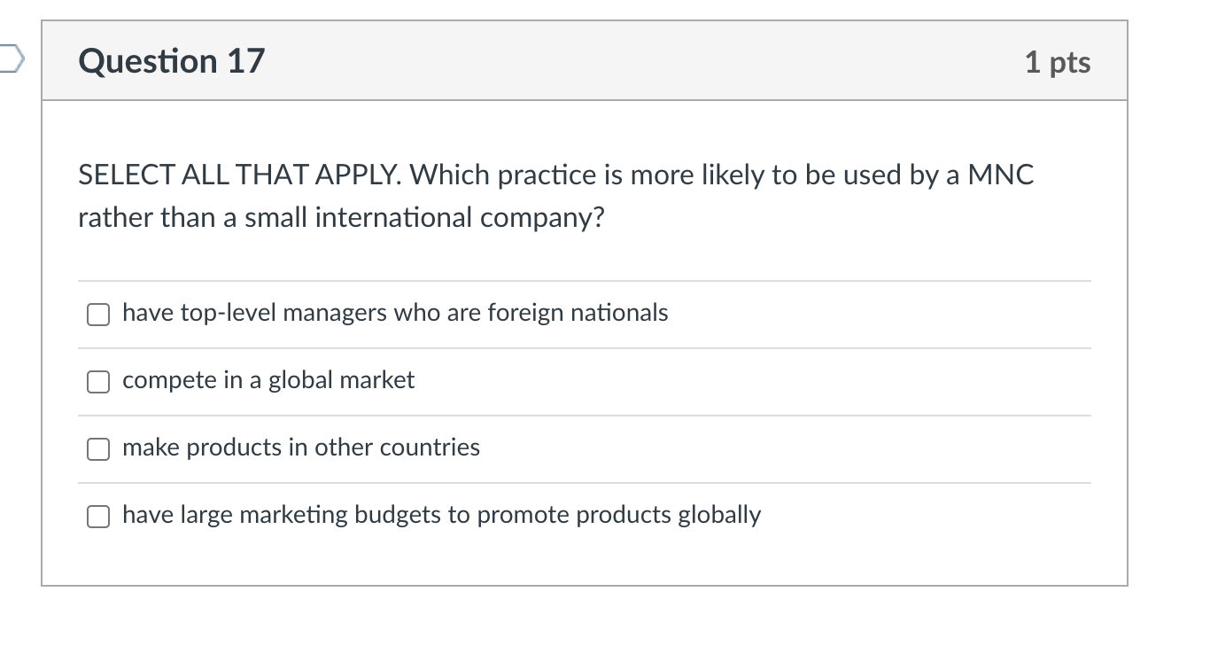 Question 17 1 pts SELECT ALL THAT APPLY. Which
