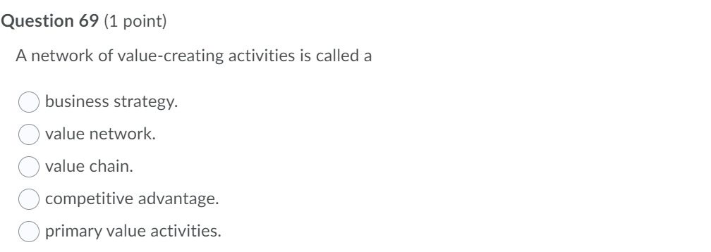 Question 69 (1 point) A network of value-creating